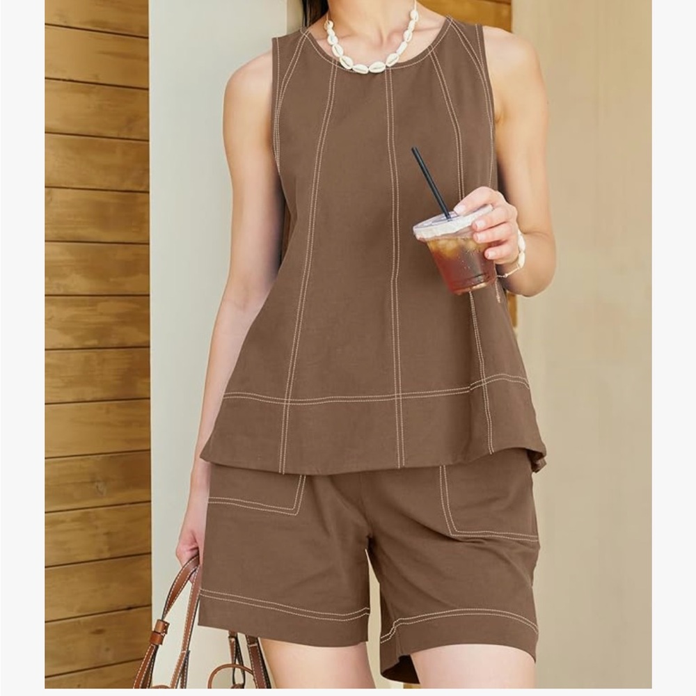 Brown Sleeveless Top and Shorts Set
